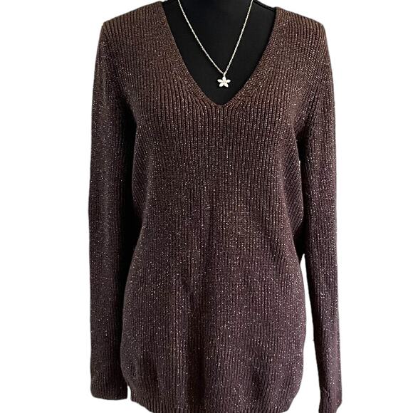 Lane Bryant Women's Dark Brown Gold Metallic V Neck Plus Size Fall Sweater 14/16 - Picture 2 of 6